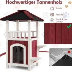 Outdoor Katzenhaus mit 2 Etagen & Terrasse & Asphaltdach & Vorhang Katzenhütte Rot