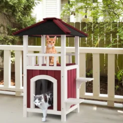Outdoor Katzenhaus mit 2 Etagen & Terrasse & Asphaltdach & Vorhang Katzenhütte Rot