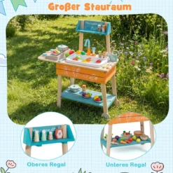 Outdoor Kinderküche Set mit Abnehmbarem Waschbecken & Regalen Holz Spielküche