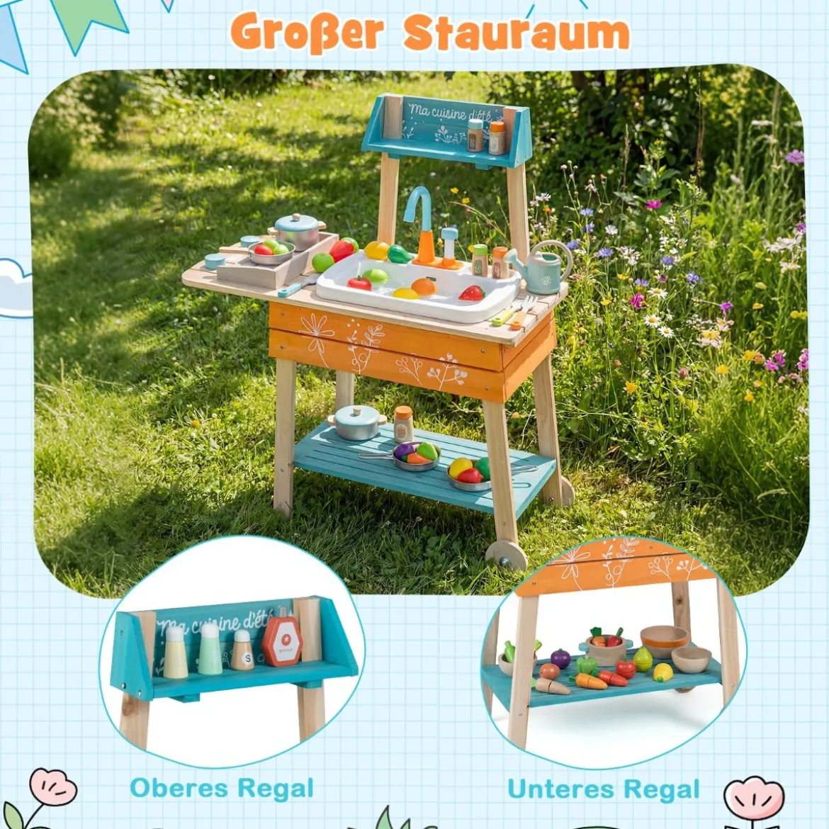 Outdoor Kinderküche Set mit Abnehmbarem Waschbecken & Regalen Holz Spielküche