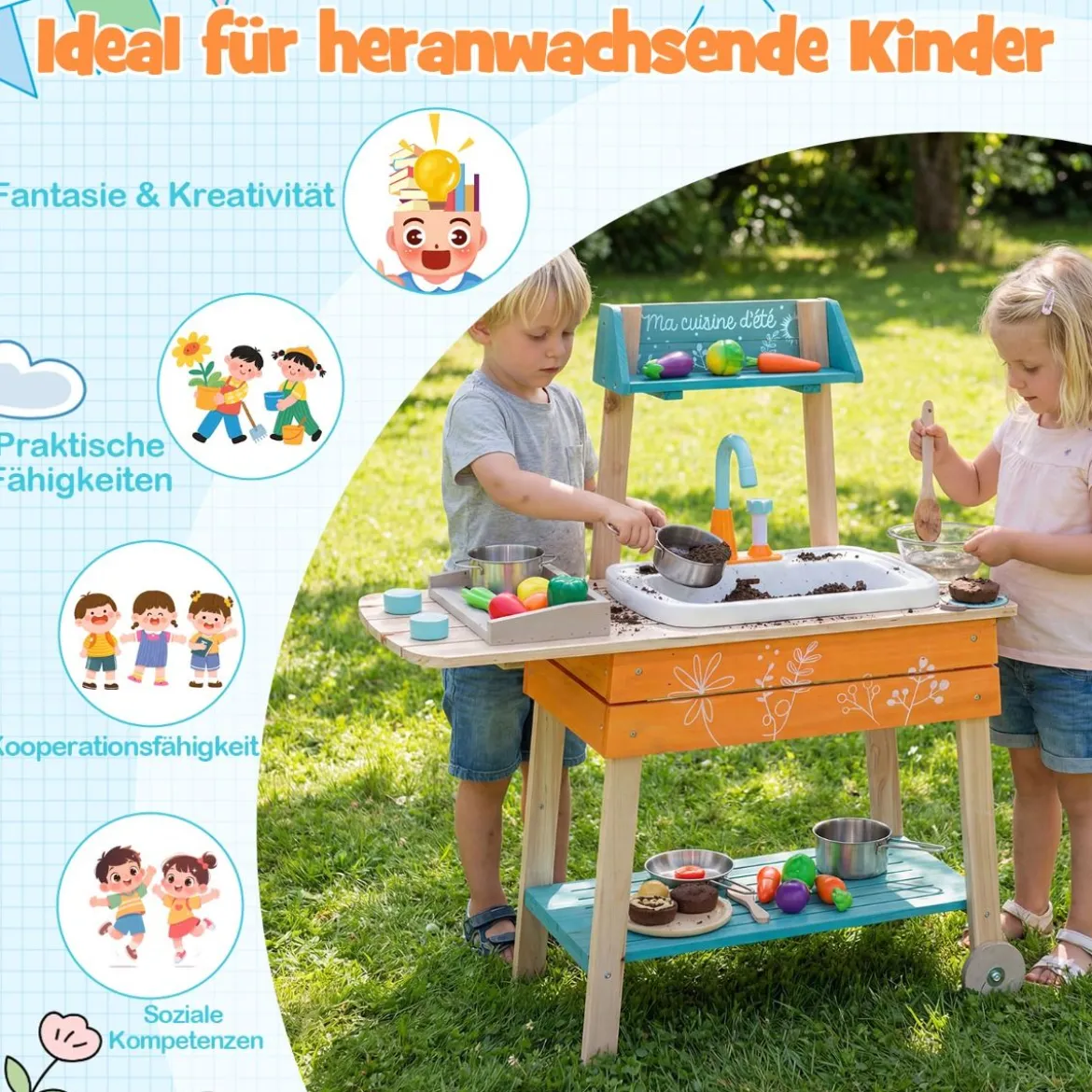Outdoor Kinderküche Set mit Abnehmbarem Waschbecken & Regalen Holz Spielküche