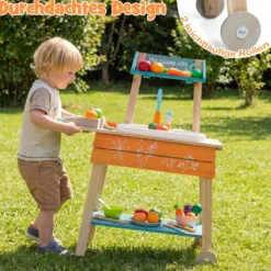 Outdoor Kinderküche Set mit Abnehmbarem Waschbecken & Regalen Holz Spielküche