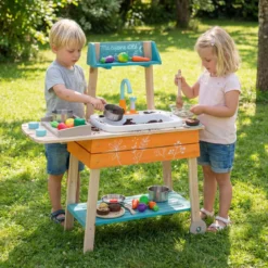 Outdoor Kinderküche Set mit Abnehmbarem Waschbecken & Regalen Holz Spielküche