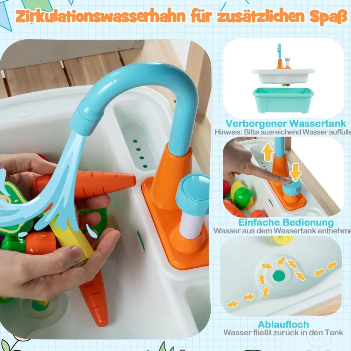 Outdoor Kinderküche Set mit Abnehmbarem Waschbecken & Regalen Holz Spielküche