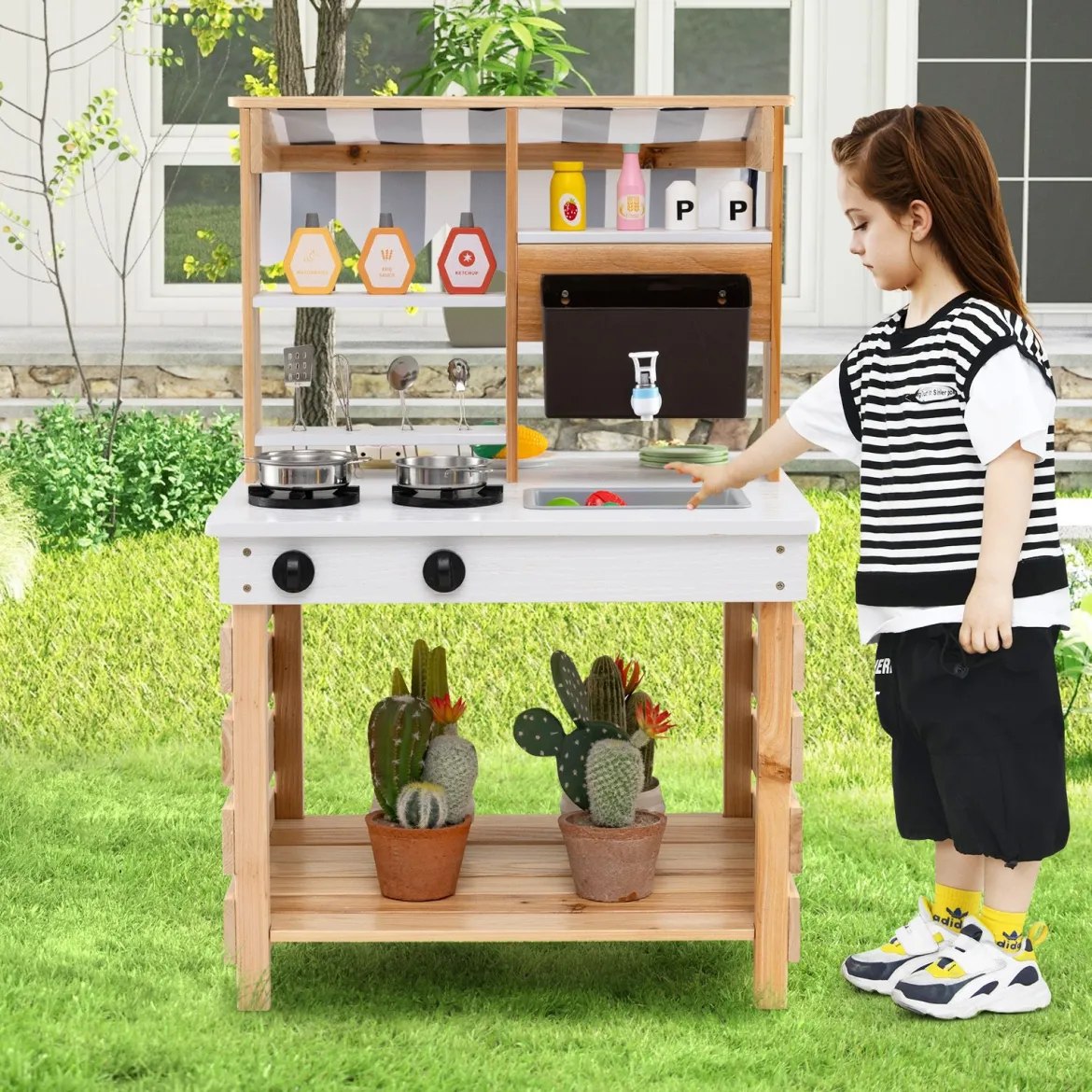 Outdoor Kinder Matschküche mit Wasserfunktion Kinderküche Doppelseitige Spielküche Natur