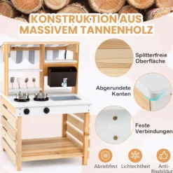 Outdoor Kinder Matschküche mit Wasserfunktion Kinderküche Doppelseitige Spielküche Natur