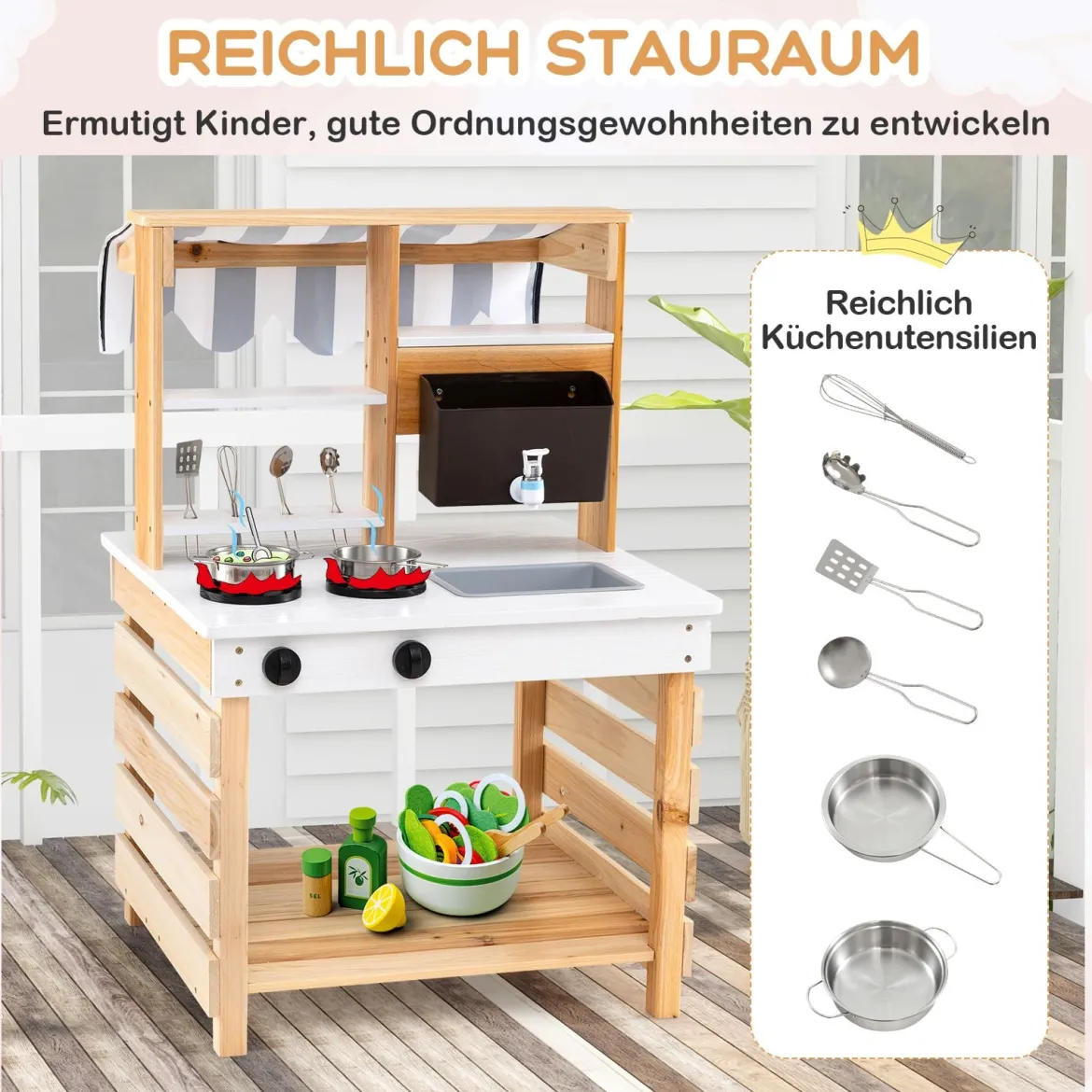 Outdoor Kinder Matschküche mit Wasserfunktion Kinderküche Doppelseitige Spielküche Natur