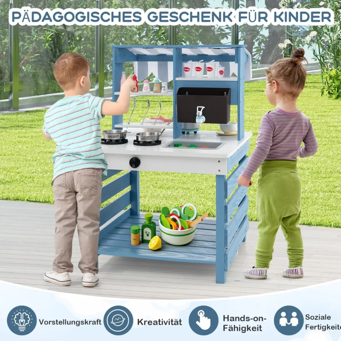 Outdoor Kinder Matschküche mit Wasserfunktion Tannenholz Kinderküche Doppelseitige Spielküche