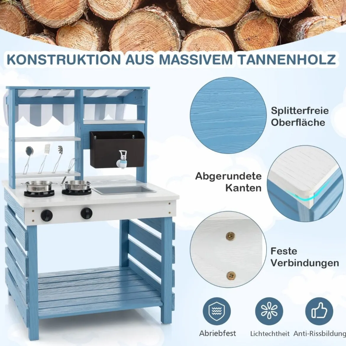 Outdoor Kinder Matschküche mit Wasserfunktion Tannenholz Kinderküche Doppelseitige Spielküche
