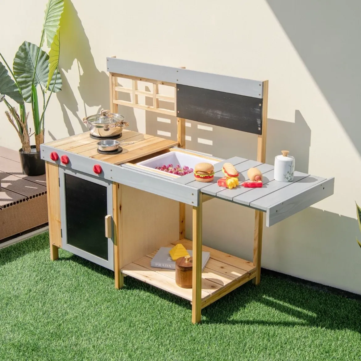 Outdoor-Kinder-Matschküchenset Holz-Spielküche 89 x 45 x 90 cm Natur + Grau