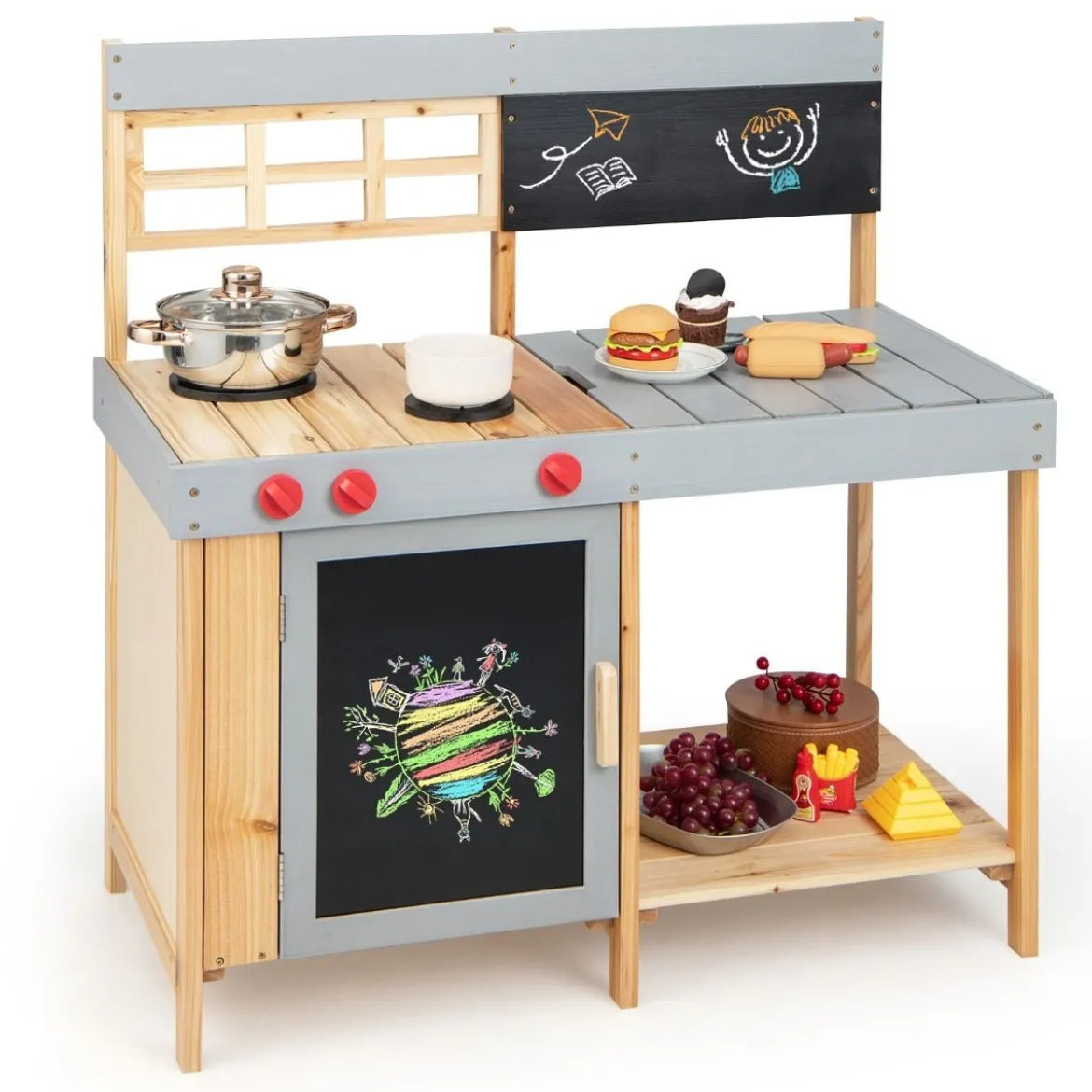 Outdoor-Kinder-Matschküchenset Holz-Spielküche 89 x 45 x 90 cm Natur + Grau