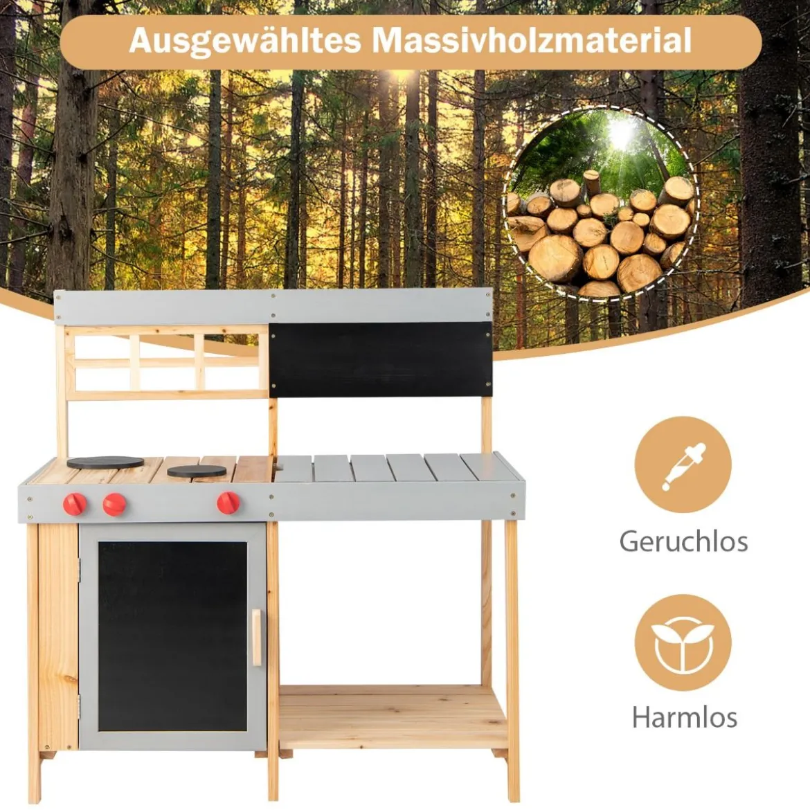 Outdoor-Kinder-Matschküchenset Holz-Spielküche 89 x 45 x 90 cm Natur + Grau