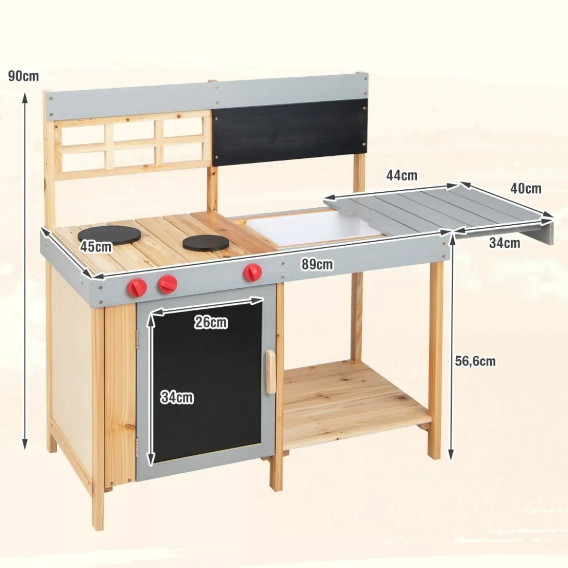 Outdoor-Kinder-Matschküchenset Holz-Spielküche 89 x 45 x 90 cm Natur + Grau