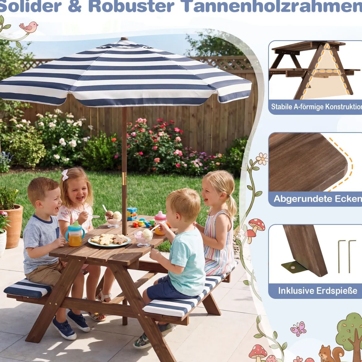 Outdoor Kindersitzgruppe mit Höhenverstellbarem & Abnehmbarem Sonnenschirm Kindersitzgarnitur