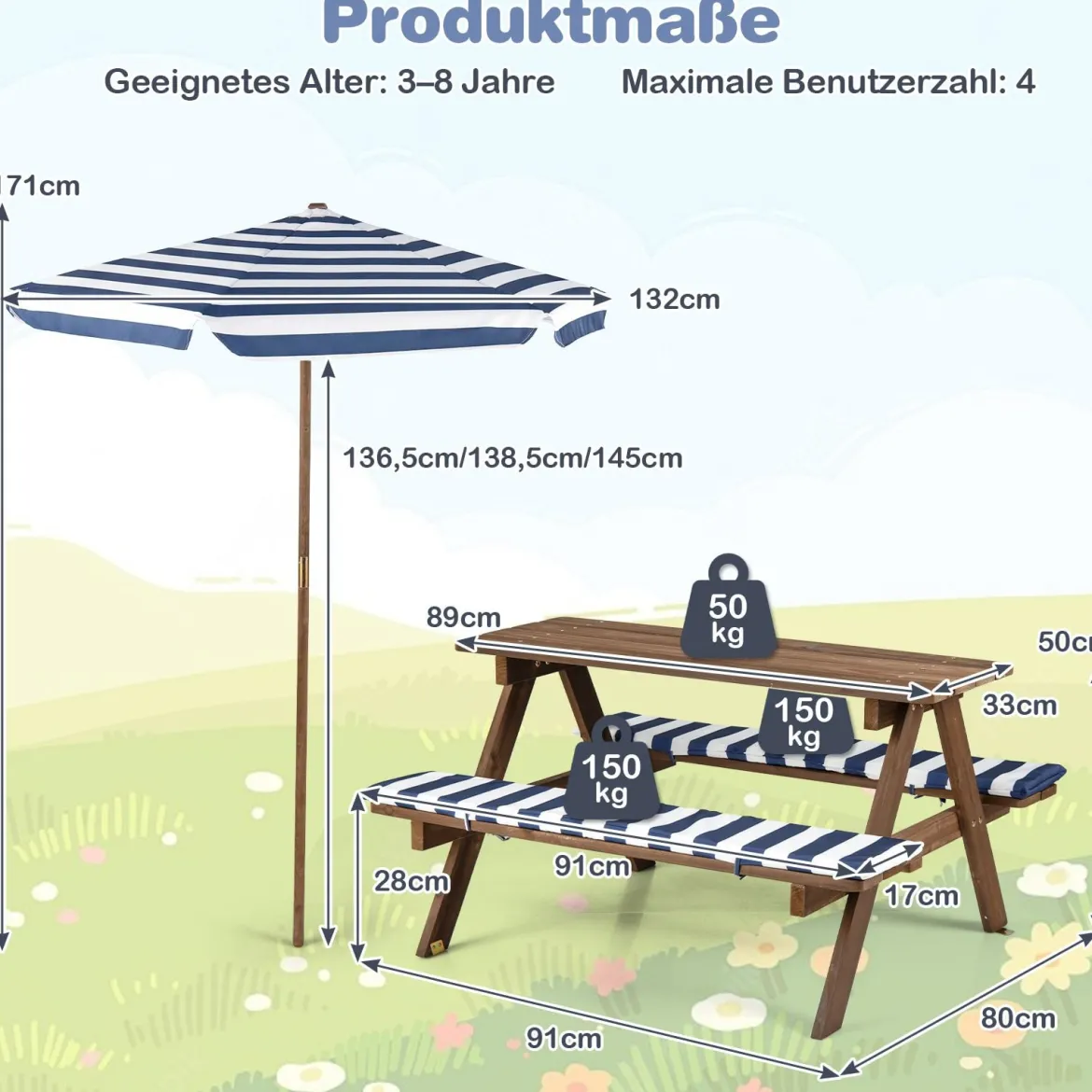 Outdoor Kindersitzgruppe mit Höhenverstellbarem & Abnehmbarem Sonnenschirm Kindersitzgarnitur