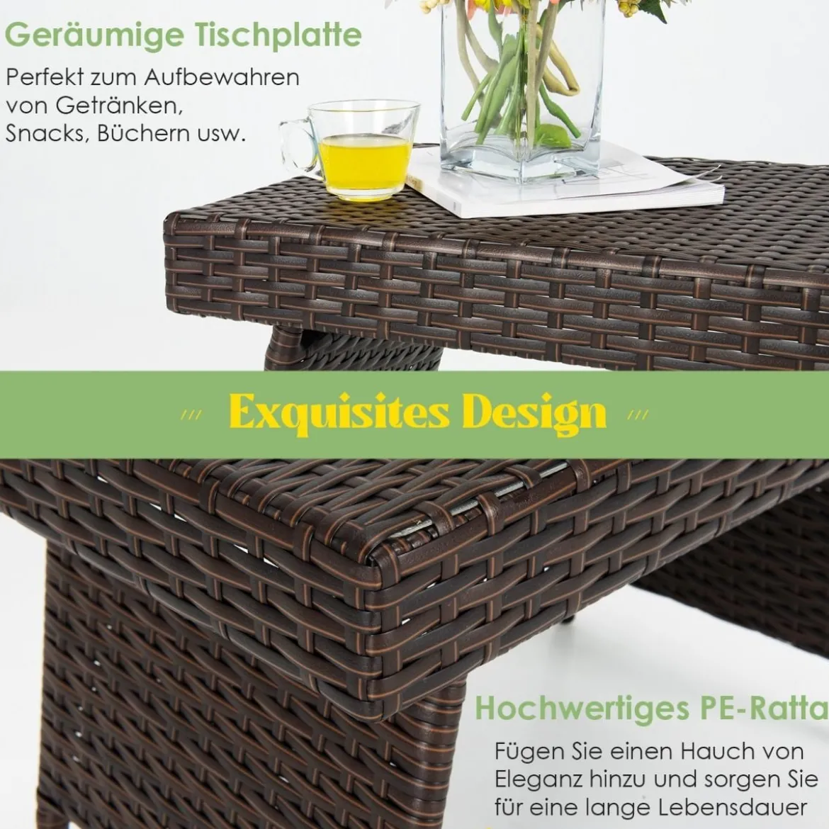 Outdoor Klappbarer Beistelltisch Polyrattan Gartentisch Wetterfester Balkontisch Kaffeetisch Braun