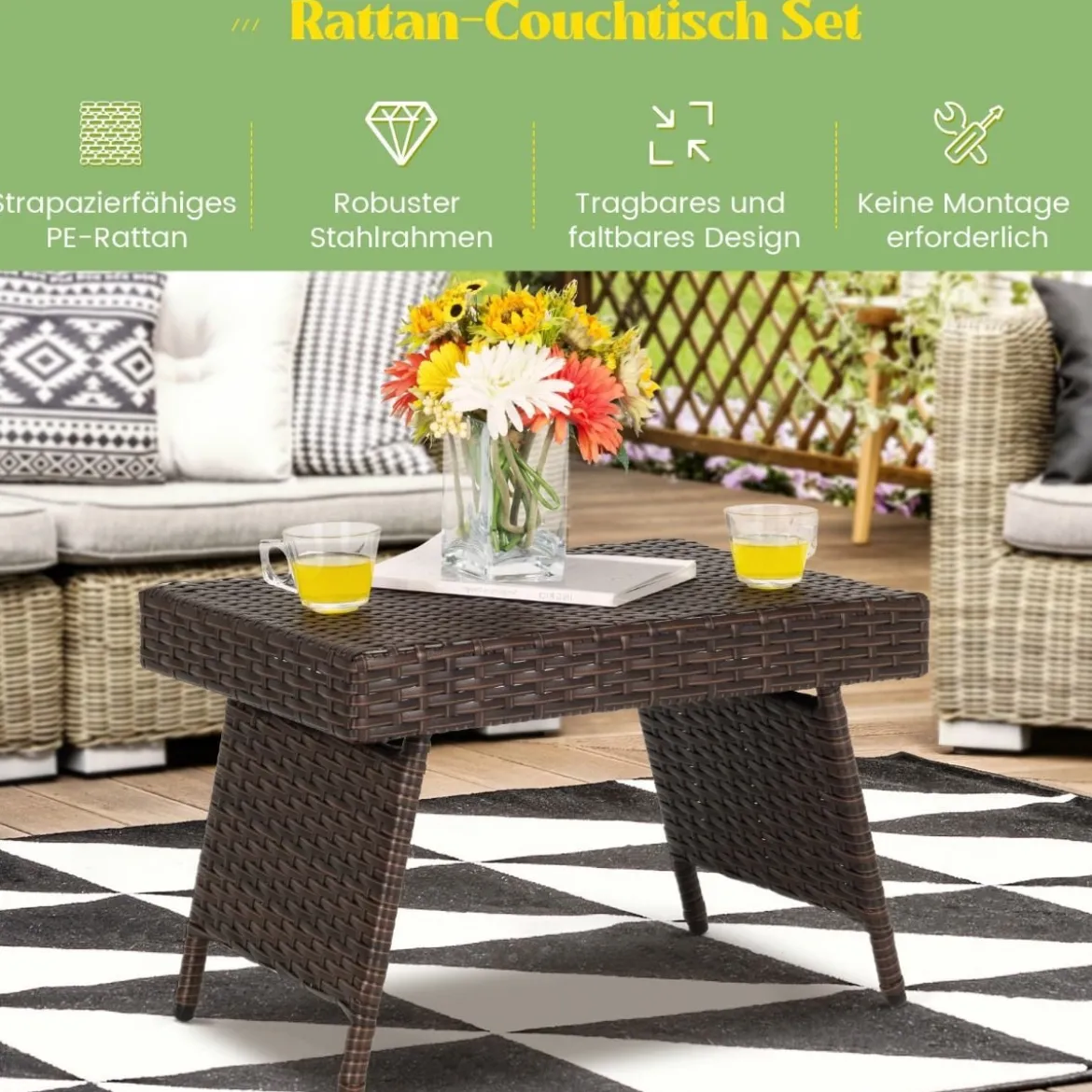 Outdoor Klappbarer Beistelltisch Polyrattan Gartentisch Wetterfester Balkontisch Kaffeetisch Braun