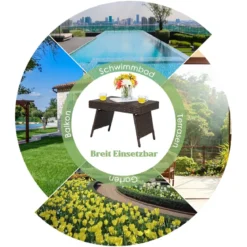 Outdoor Klappbarer Beistelltisch Polyrattan Gartentisch Wetterfester Balkontisch Kaffeetisch Braun