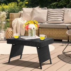 Outdoor Klappbarer Beistelltisch Polyrattan Gartentisch Wetterfester Balkontisch Kaffeetisch Schwarz