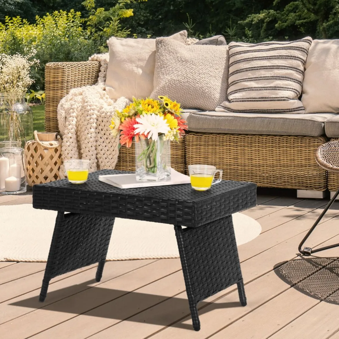 Outdoor Klappbarer Beistelltisch Polyrattan Gartentisch Wetterfester Balkontisch Kaffeetisch Schwarz