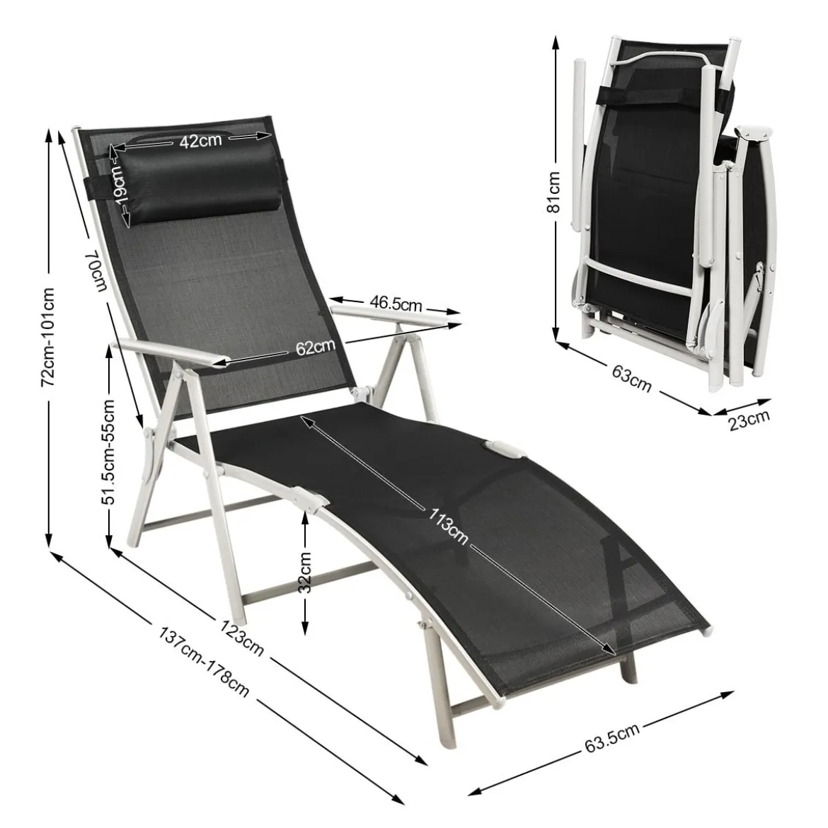 Outdoor Klappstuhl Loungesessel klappbar Liegestuhl einstellbar Gartenstuhl Schwarz