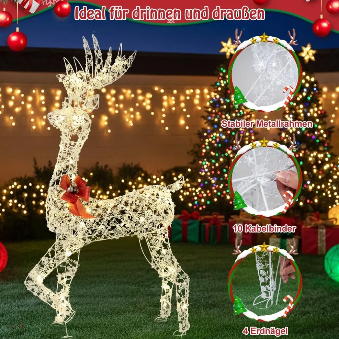 Outdoor LED Rentier mit 100 Warmweißen Lichtern Beleuchtete Weihnachtsdeko 150 cm