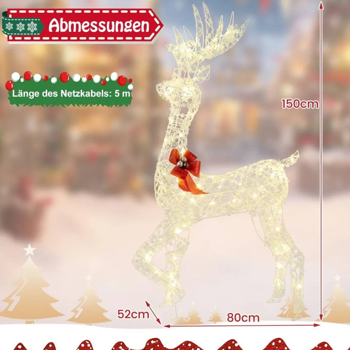 Outdoor LED Rentier mit 100 Warmweißen Lichtern Beleuchtete Weihnachtsdeko 150 cm