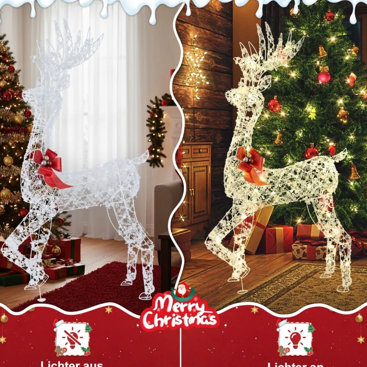Outdoor LED Rentier mit 100 Warmweißen Lichtern Beleuchtete Weihnachtsdeko 150 cm