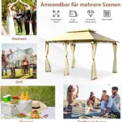 Outdoor-Pavillon mit abnehmbarer Netz-Seitenwand & Dächern 3,9 x 2,9 x 2,7 m Beige