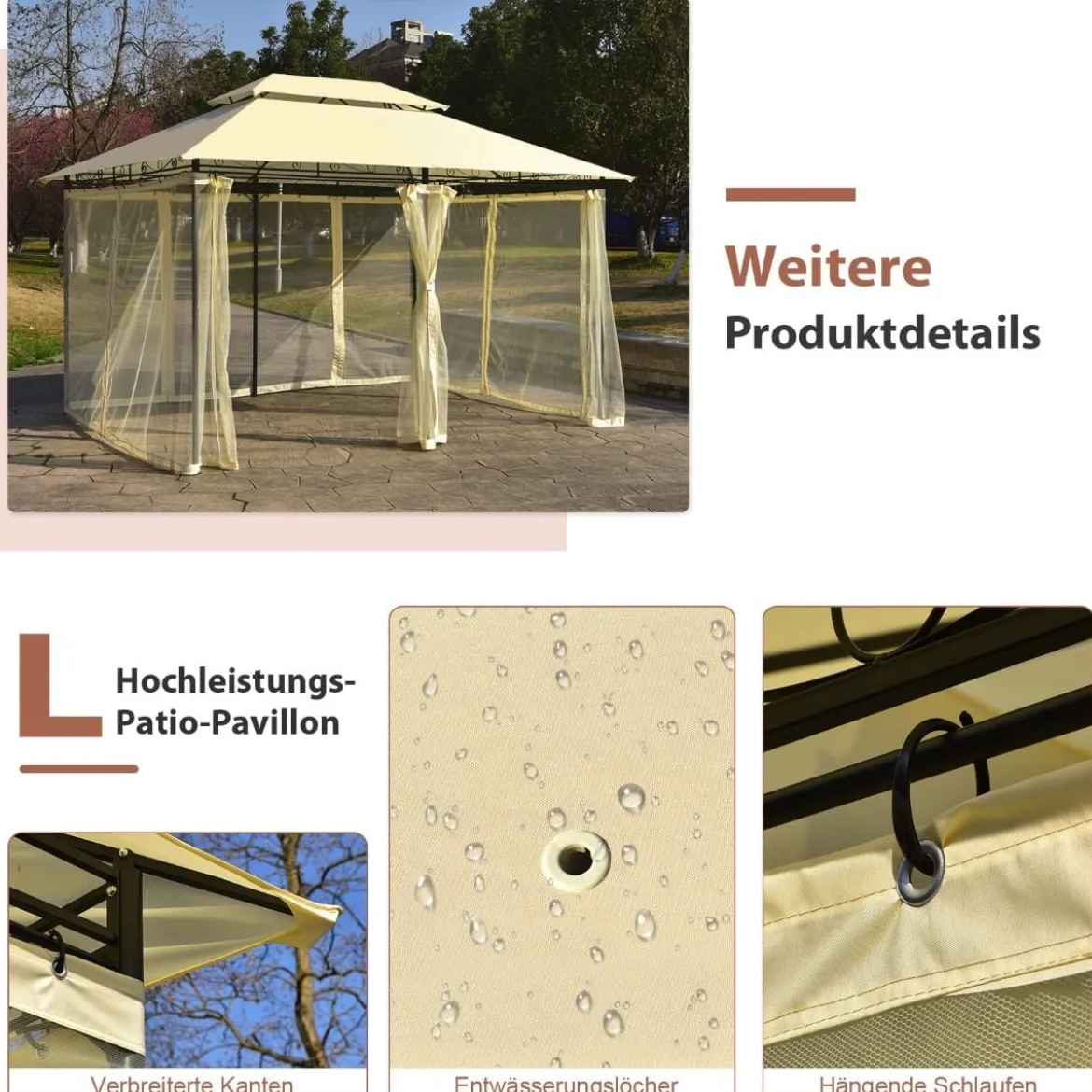Outdoor-Pavillon mit abnehmbarer Netz-Seitenwand & Dächern 3,9 x 2,9 x 2,7 m Beige
