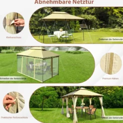 Outdoor-Pavillon mit abnehmbarer Netz-Seitenwand & Dächern 3,9 x 2,9 x 2,7 m Beige