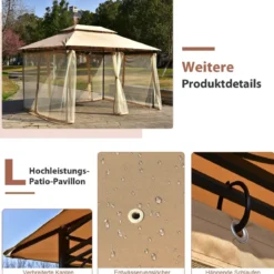 Outdoor-Pavillon mit abnehmbarer Netz-Seitenwand & Dächern 3,9 x 2,9 x 2,7 m Braun