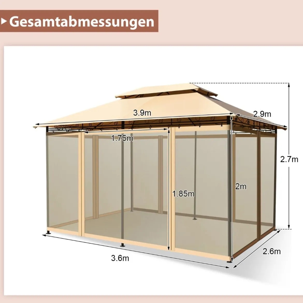 Outdoor-Pavillon mit abnehmbarer Netz-Seitenwand & Dächern 3,9 x 2,9 x 2,7 m Braun