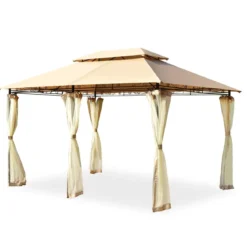 Outdoor-Pavillon mit abnehmbarer Netz-Seitenwand & Dächern 3,9 x 2,9 x 2,7 m Braun