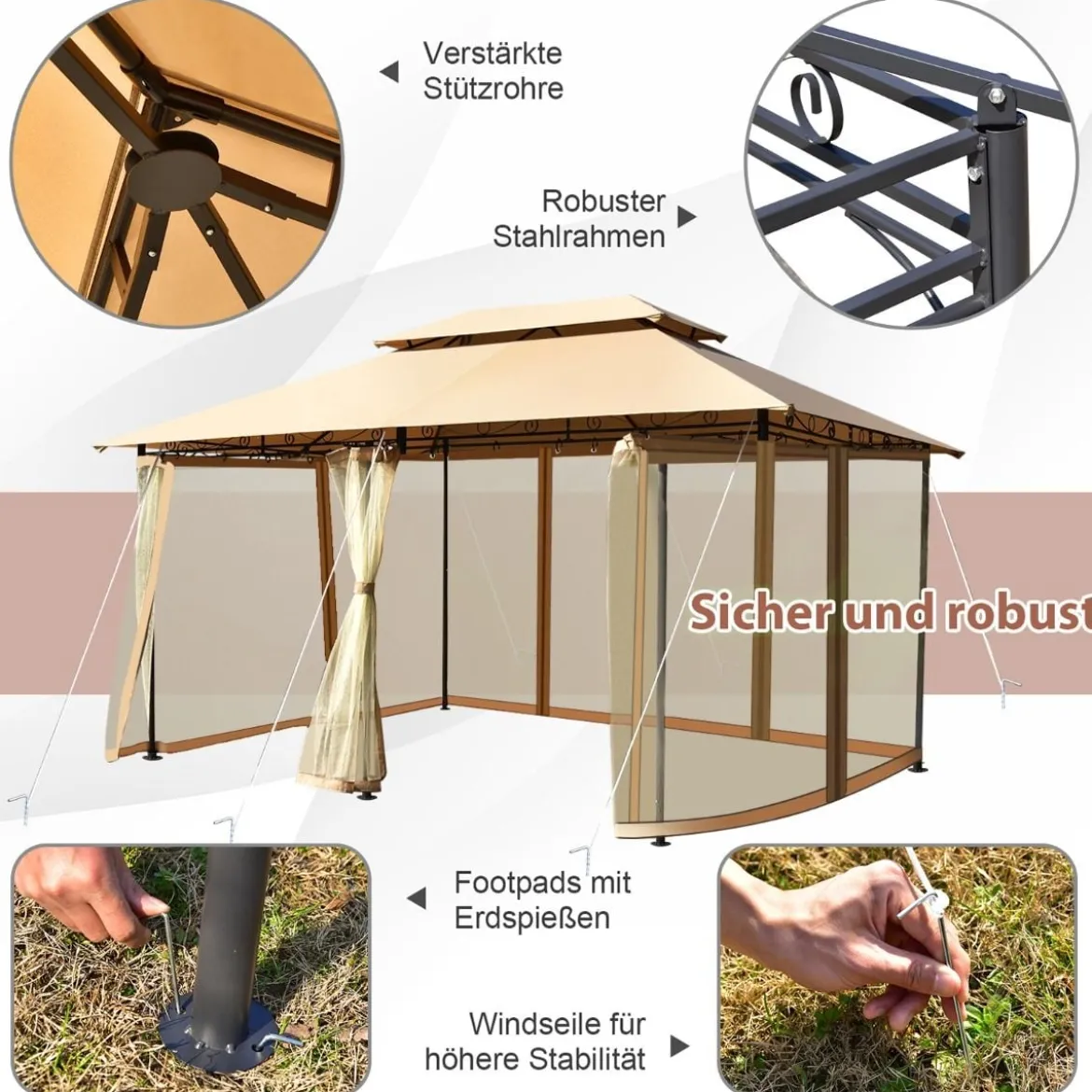 Outdoor-Pavillon mit abnehmbarer Netz-Seitenwand & Dächern 3,9 x 2,9 x 2,7 m Braun