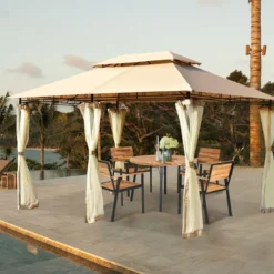 Outdoor-Pavillon mit abnehmbarer Netz-Seitenwand & Dächern 3,9 x 2,9 x 2,7 m Braun