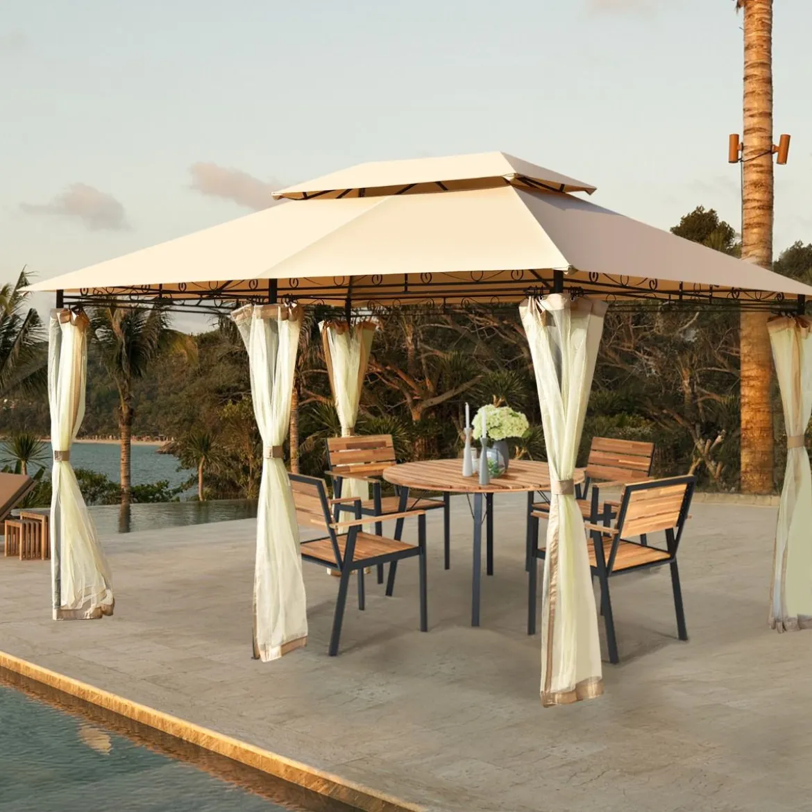Outdoor-Pavillon mit abnehmbarer Netz-Seitenwand & Dächern 3,9 x 2,9 x 2,7 m Braun