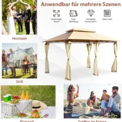 Outdoor-Pavillon mit abnehmbarer Netz-Seitenwand & Dächern 3,9 x 2,9 x 2,7 m Braun