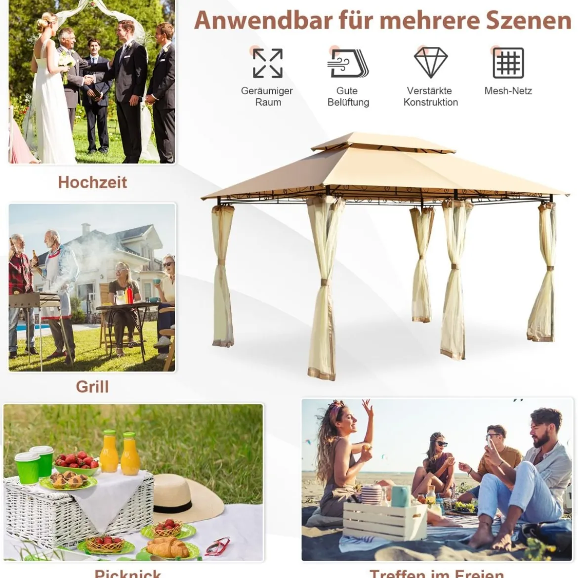 Outdoor-Pavillon mit abnehmbarer Netz-Seitenwand & Dächern 3,9 x 2,9 x 2,7 m Braun