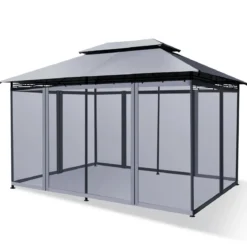 Outdoor-Pavillon mit abnehmbarer Netz-Seitenwand & Dächern 3,9 x 2,9 x 2,7 m Grau