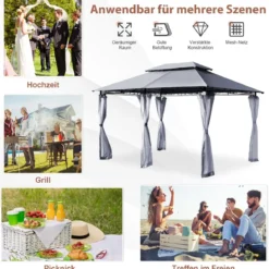 Outdoor-Pavillon mit abnehmbarer Netz-Seitenwand & Dächern 3,9 x 2,9 x 2,7 m Grau