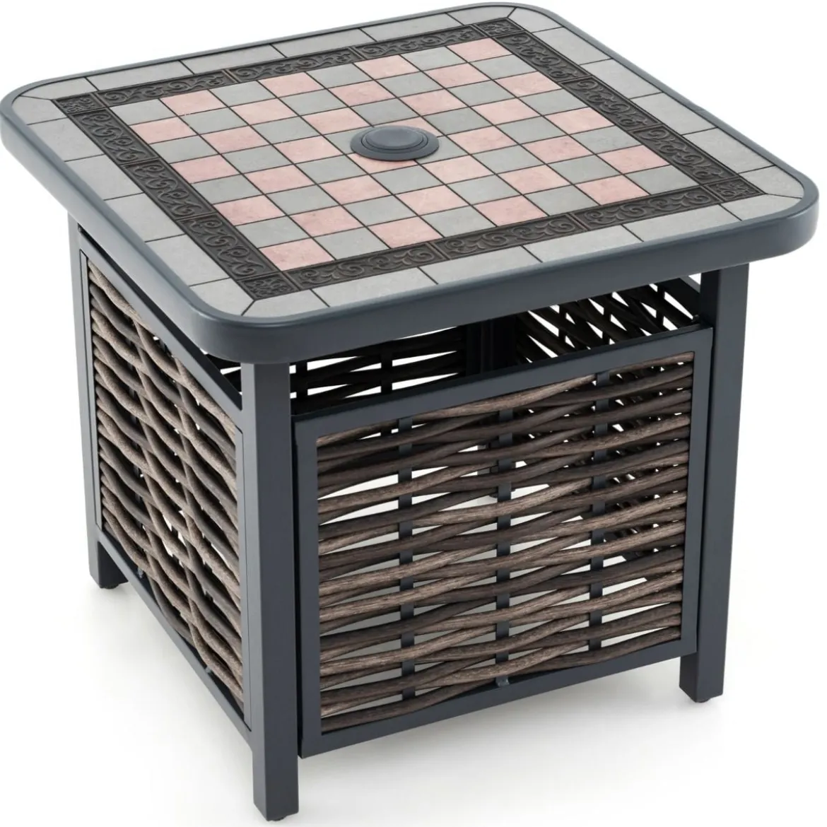 Outdoor PE Rattan Gartentisch mit Harz-Tischplatte & Sonnenschirmloch Couchtisch für Garten