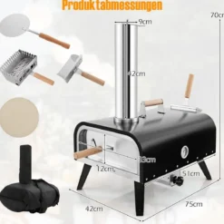 Outdoor Pizzaofen aus Edelstahl mit Pizzastein & Pizzaschaufel & Thermometer & Tragetasche