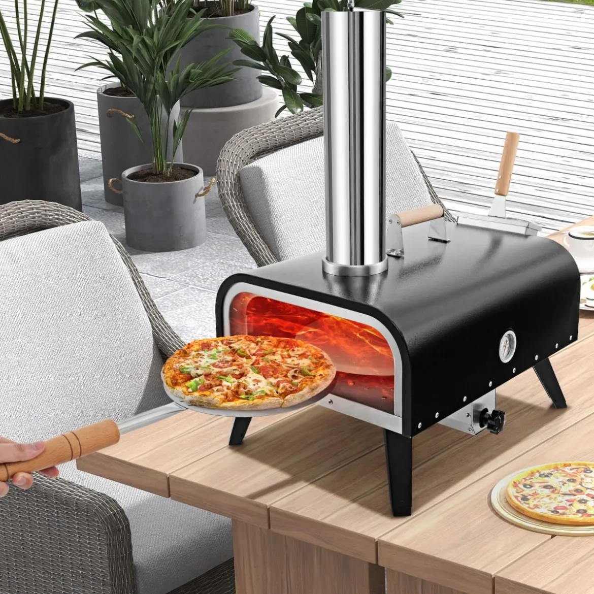 Outdoor Pizzaofen aus Edelstahl mit Pizzastein & Pizzaschaufel & Thermometer & Tragetasche