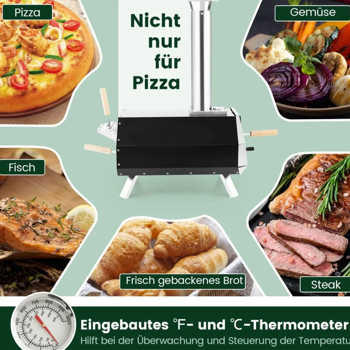 Outdoor Pizzaofen mit Pizzastein & Pizzaschaufel & Thermometer & Klappbaren Beinen
