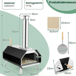 Outdoor Pizzaofen mit Pizzastein & Pizzaschaufel & Thermometer & Klappbaren Beinen