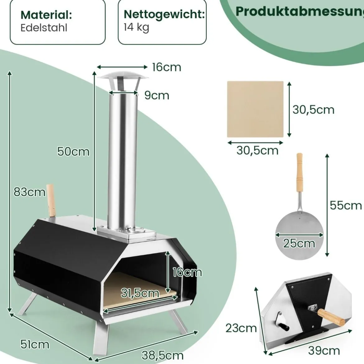 Outdoor Pizzaofen mit Pizzastein & Pizzaschaufel & Thermometer & Klappbaren Beinen