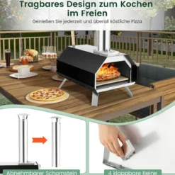 Outdoor Pizzaofen mit Pizzastein & Pizzaschaufel & Thermometer & Klappbaren Beinen