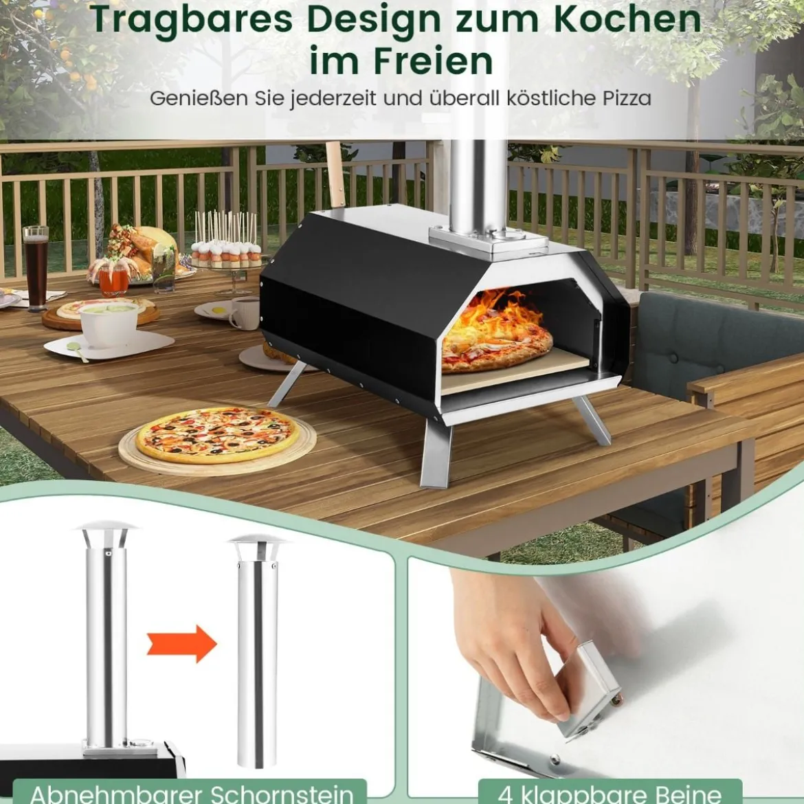 Outdoor Pizzaofen mit Pizzastein & Pizzaschaufel & Thermometer & Klappbaren Beinen