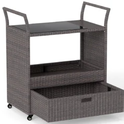 Outdoor Rattan-Barwagen rollbarer Bartresen mit gehärteter Glasplatte offenes Ablagefach Braun